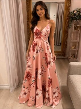 Windsor Pink Floral Satin Spaghetti-Strap Prom Dress